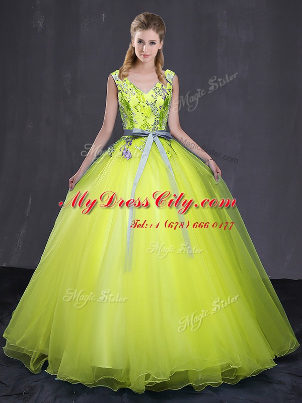 Ball Gowns Sweet 16 Quinceanera Dress Yellow Green V-neck Tulle Sleeveless Floor Length Lace Up