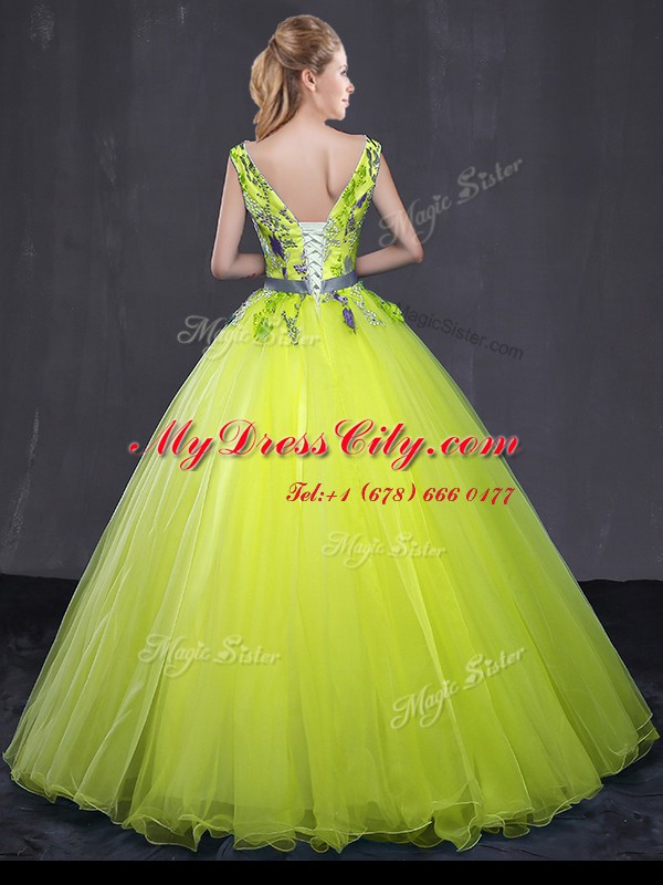 Ball Gowns Sweet 16 Quinceanera Dress Yellow Green V-neck Tulle Sleeveless Floor Length Lace Up