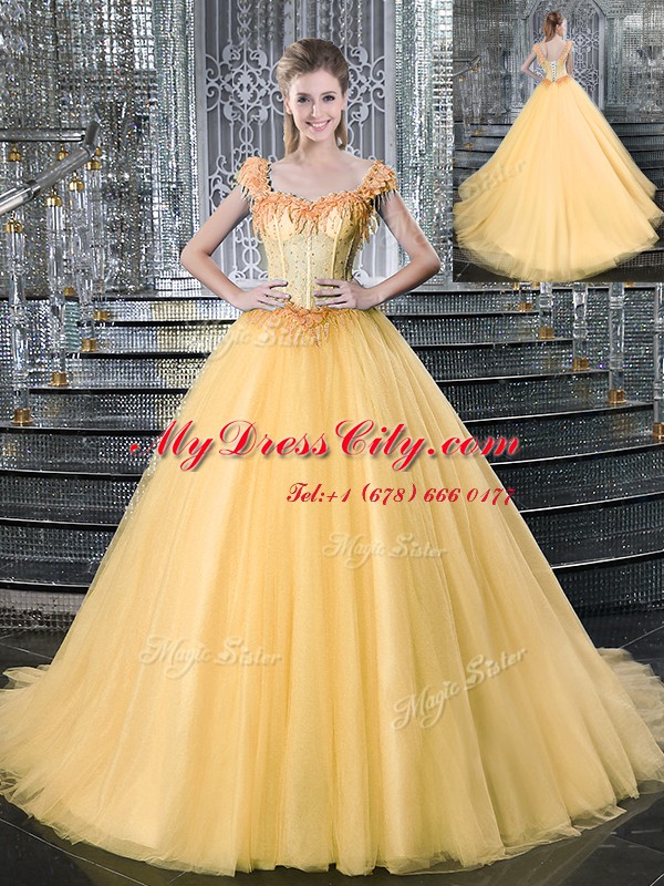 Cheap Gold Ball Gown Prom Dress Military Ball and Sweet 16 and Quinceanera and For with Beading Straps Sleeveless Brush Train Lace Up