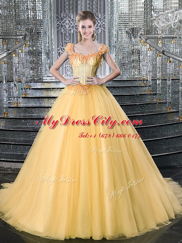 Cheap Gold Ball Gown Prom Dress Military Ball and Sweet 16 and Quinceanera and For with Beading Straps Sleeveless Brush Train Lace Up