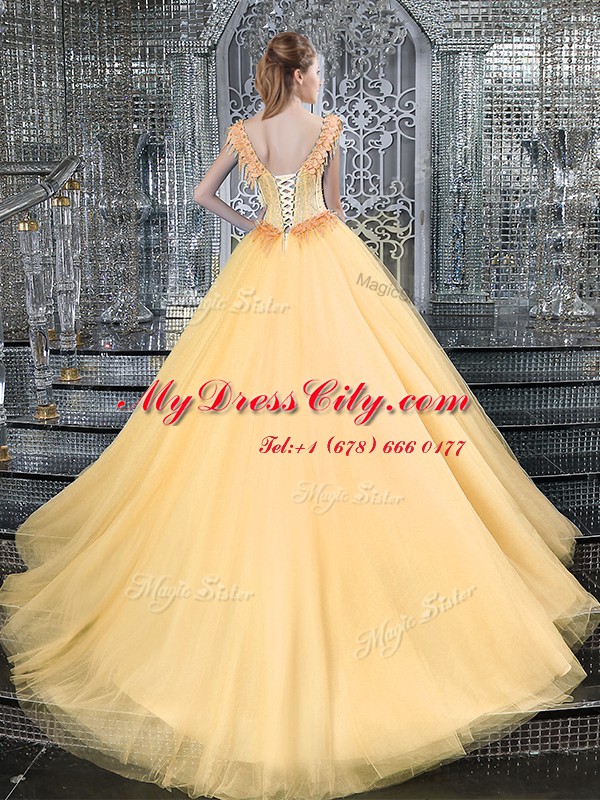 Cheap Gold Ball Gown Prom Dress Military Ball and Sweet 16 and Quinceanera and For with Beading Straps Sleeveless Brush Train Lace Up