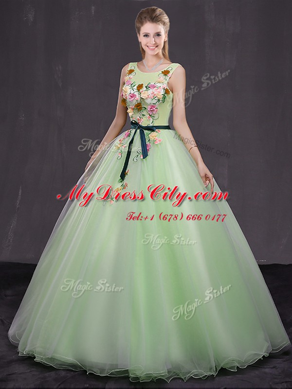 Luxurious Scoop Yellow Green Sleeveless Appliques Floor Length Quinceanera Dress