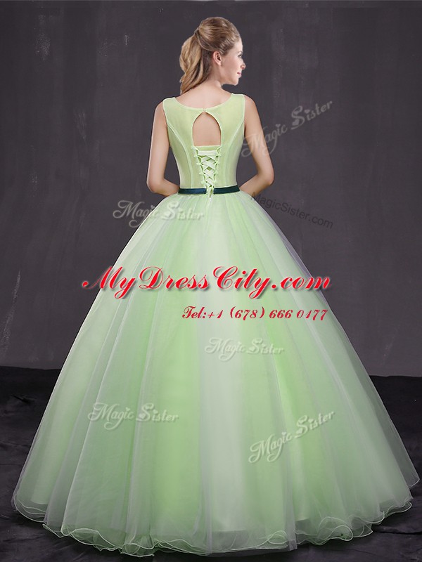 Luxurious Scoop Yellow Green Sleeveless Appliques Floor Length Quinceanera Dress