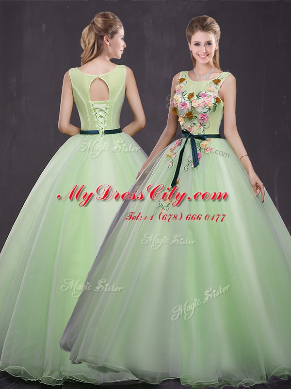 Luxurious Scoop Yellow Green Sleeveless Appliques Floor Length Quinceanera Dress