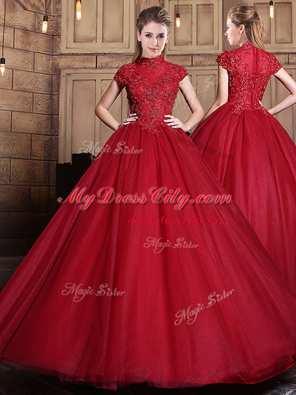 New Arrival Tulle Short Sleeves Floor Length 15 Quinceanera Dress and Appliques