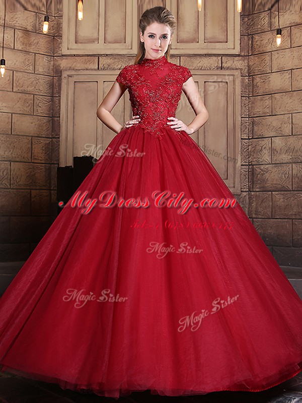 New Arrival Tulle Short Sleeves Floor Length 15 Quinceanera Dress and Appliques