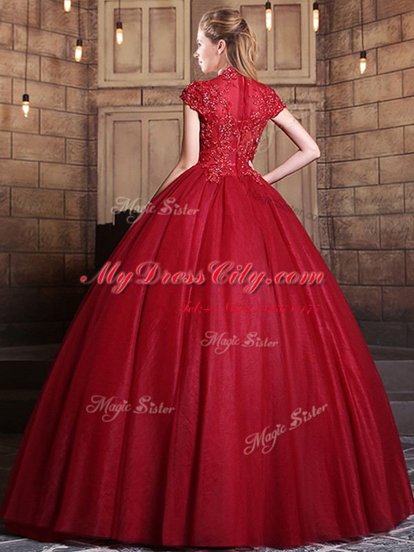 New Arrival Tulle Short Sleeves Floor Length 15 Quinceanera Dress and Appliques