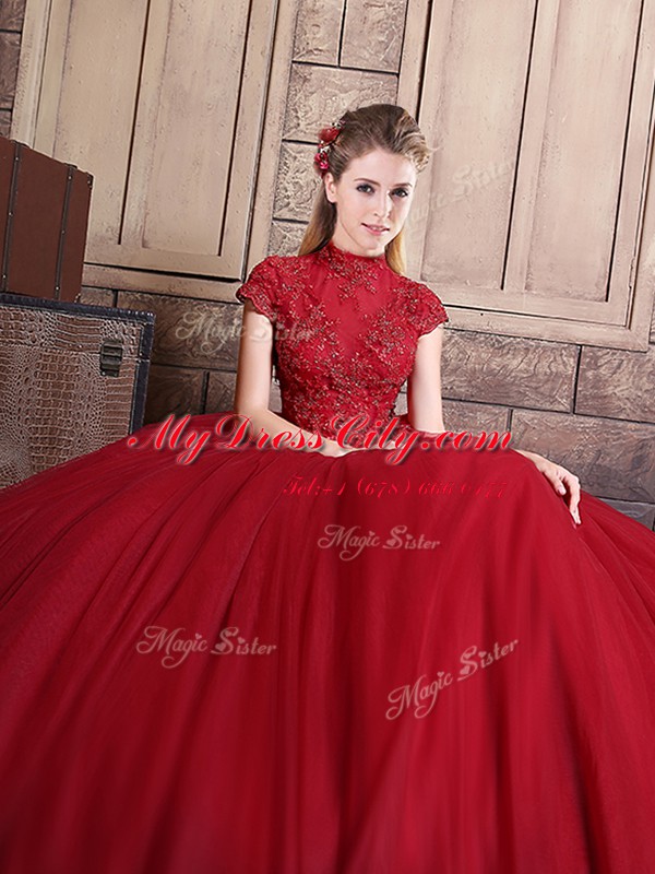 New Arrival Tulle Short Sleeves Floor Length 15 Quinceanera Dress and Appliques