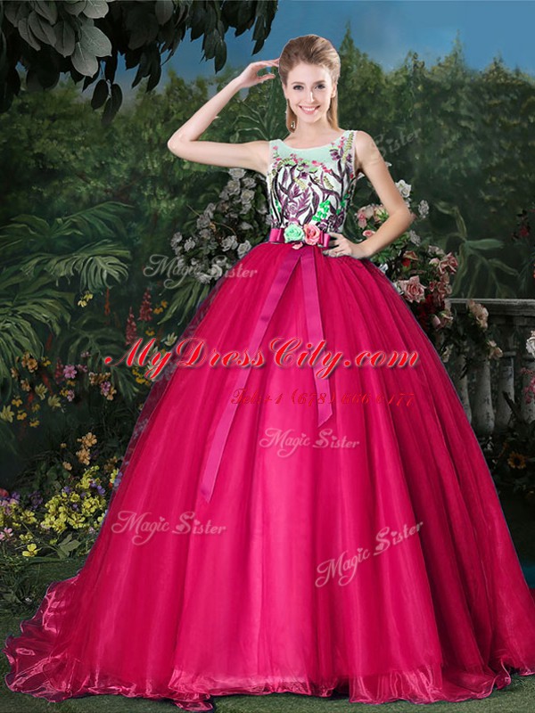 Enchanting Scoop Sleeveless Organza Brush Train Zipper Sweet 16 Quinceanera Dress in Hot Pink with Appliques and Belt