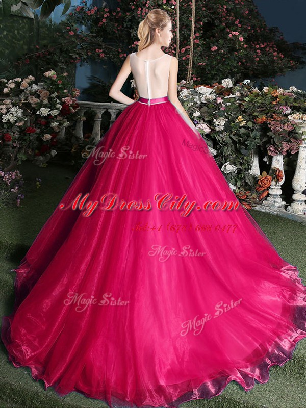 Enchanting Scoop Sleeveless Organza Brush Train Zipper Sweet 16 Quinceanera Dress in Hot Pink with Appliques and Belt