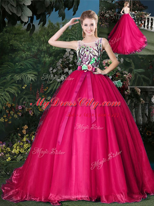 Enchanting Scoop Sleeveless Organza Brush Train Zipper Sweet 16 Quinceanera Dress in Hot Pink with Appliques and Belt