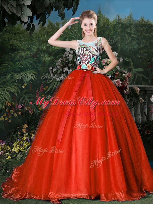 High Class Scoop Sleeveless Brush Train Zipper 15 Quinceanera Dress Red Organza