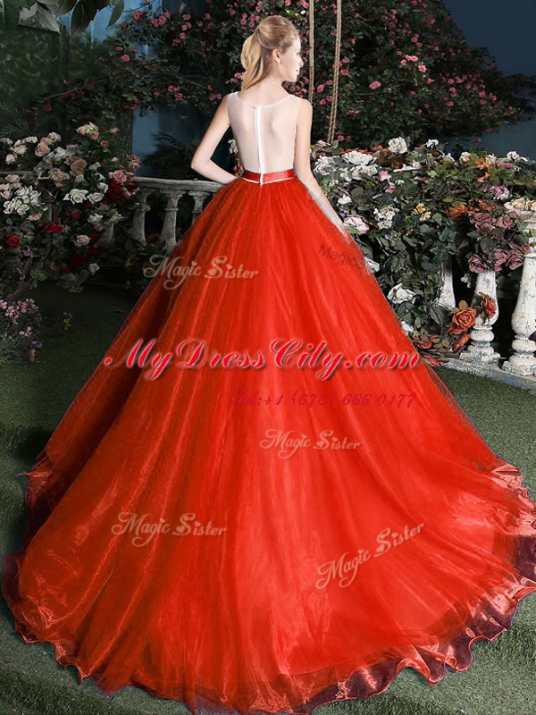 High Class Scoop Sleeveless Brush Train Zipper 15 Quinceanera Dress Red Organza