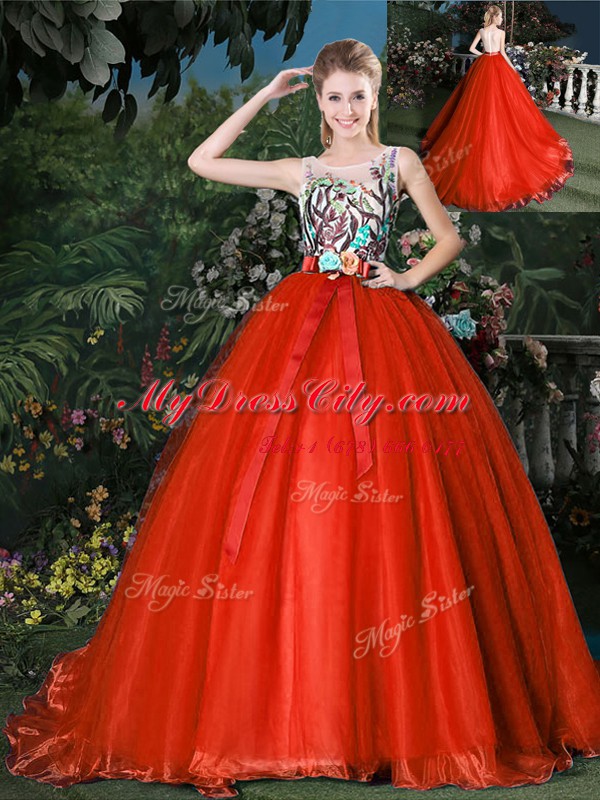 High Class Scoop Sleeveless Brush Train Zipper 15 Quinceanera Dress Red Organza