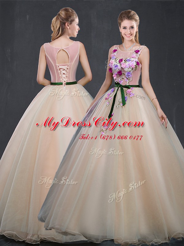 Free and Easy Scoop Organza Sleeveless Floor Length Sweet 16 Quinceanera Dress and Appliques