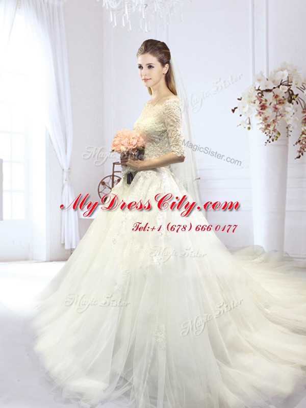 New Arrival White A-line Tulle Off The Shoulder Half Sleeves Lace and Appliques With Train Lace Up Wedding Dresses Court Train