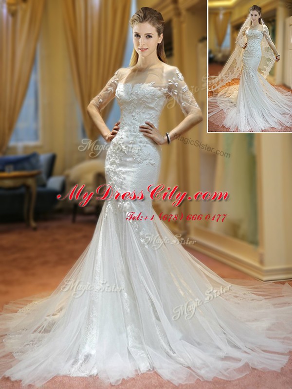 Beautiful Mermaid Scoop Half Sleeves Wedding Gowns With Brush Train Appliques White Tulle