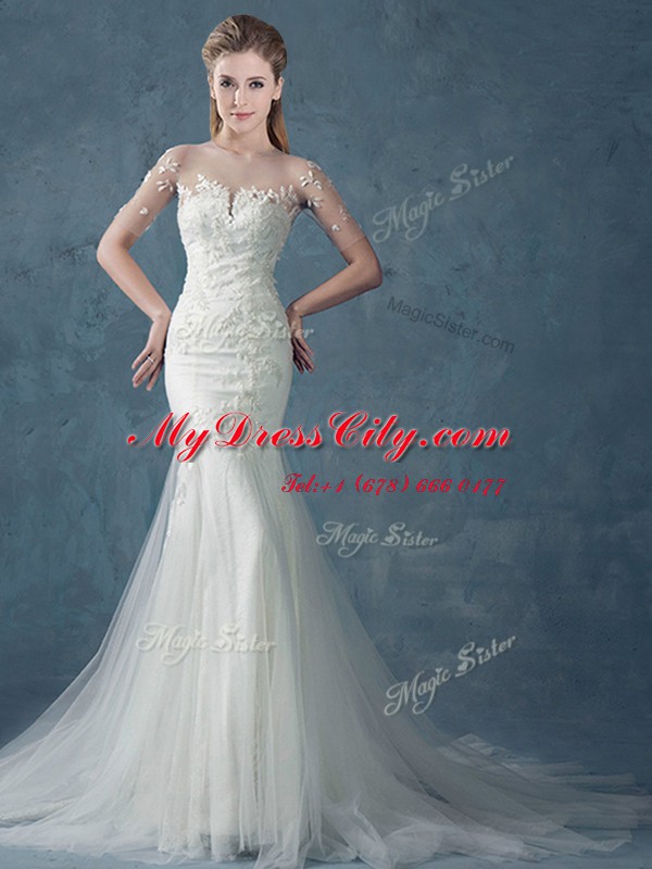 Beautiful Mermaid Scoop Half Sleeves Wedding Gowns With Brush Train Appliques White Tulle