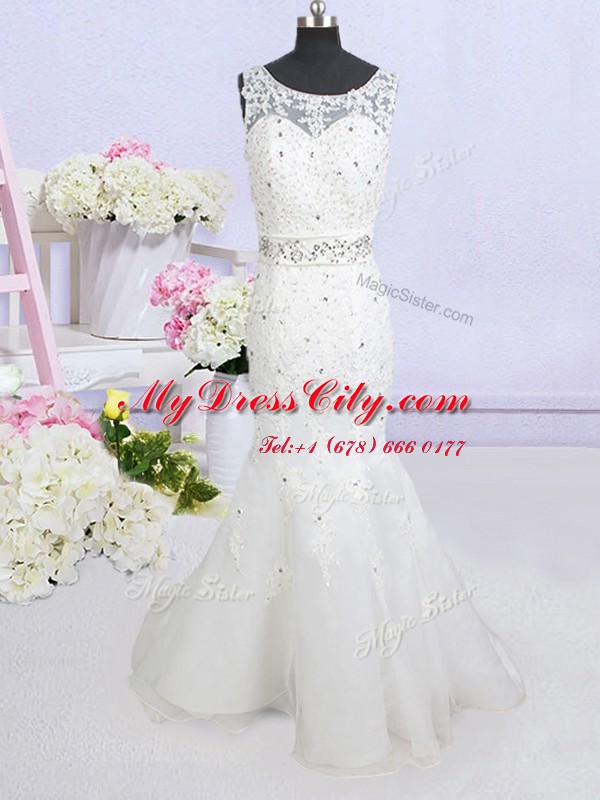 Pretty Mermaid Scoop Sleeveless Brush Train Backless Wedding Gowns White Organza