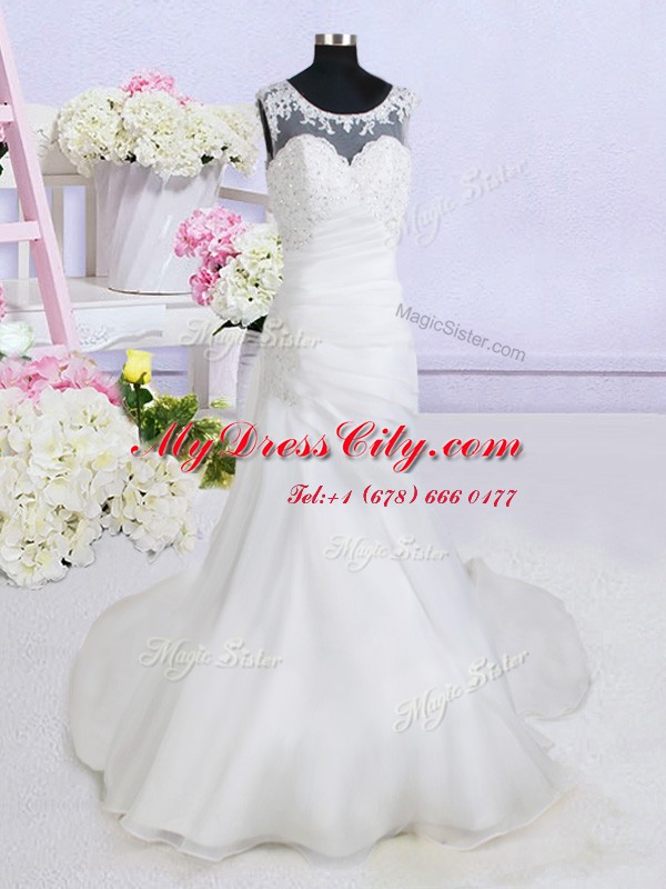 See Through White Wedding Dress Wedding Party and For with Beading and Appliques Scoop Sleeveless Brush Train Backless