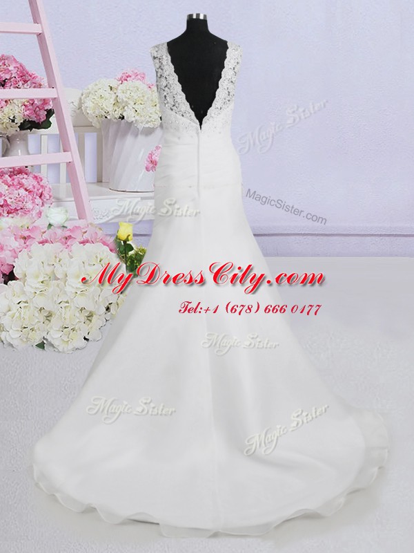 See Through White Wedding Dress Wedding Party and For with Beading and Appliques Scoop Sleeveless Brush Train Backless