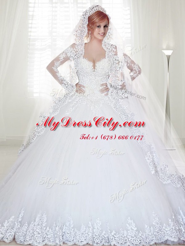 Amazing Chapel Train Ball Gowns Wedding Gown White Off The Shoulder Tulle Long Sleeves With Train Zipper