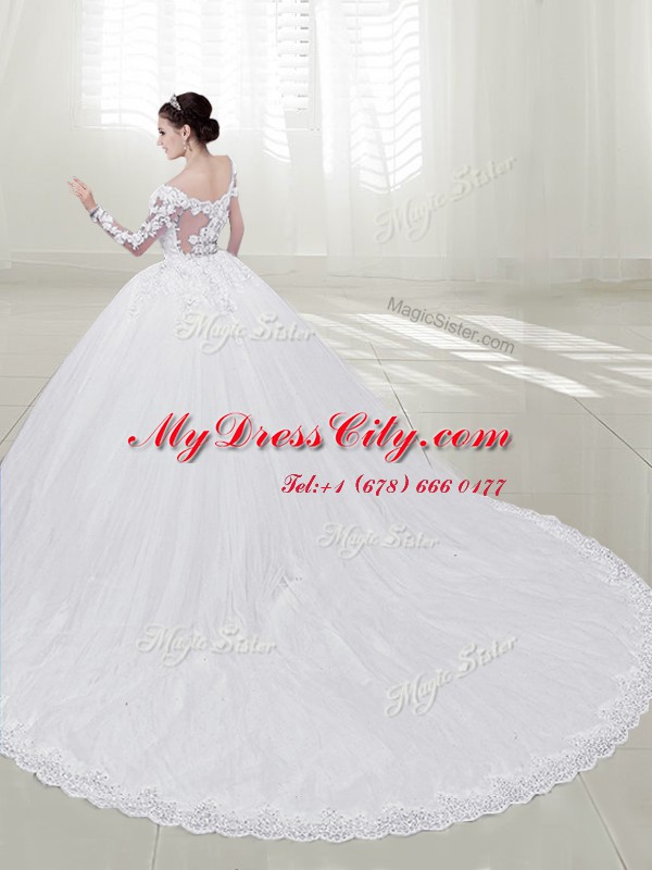 Amazing Chapel Train Ball Gowns Wedding Gown White Off The Shoulder Tulle Long Sleeves With Train Zipper