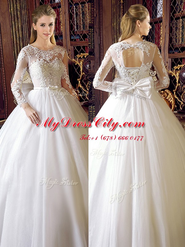 White Ball Gowns Scoop Long Sleeves Tulle Floor Length Lace Up Lace and Bowknot Wedding Gowns