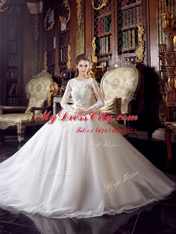 White Ball Gowns Scoop Long Sleeves Tulle Floor Length Lace Up Lace and Bowknot Wedding Gowns