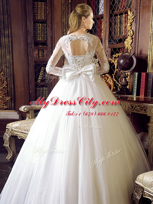 White Ball Gowns Scoop Long Sleeves Tulle Floor Length Lace Up Lace and Bowknot Wedding Gowns