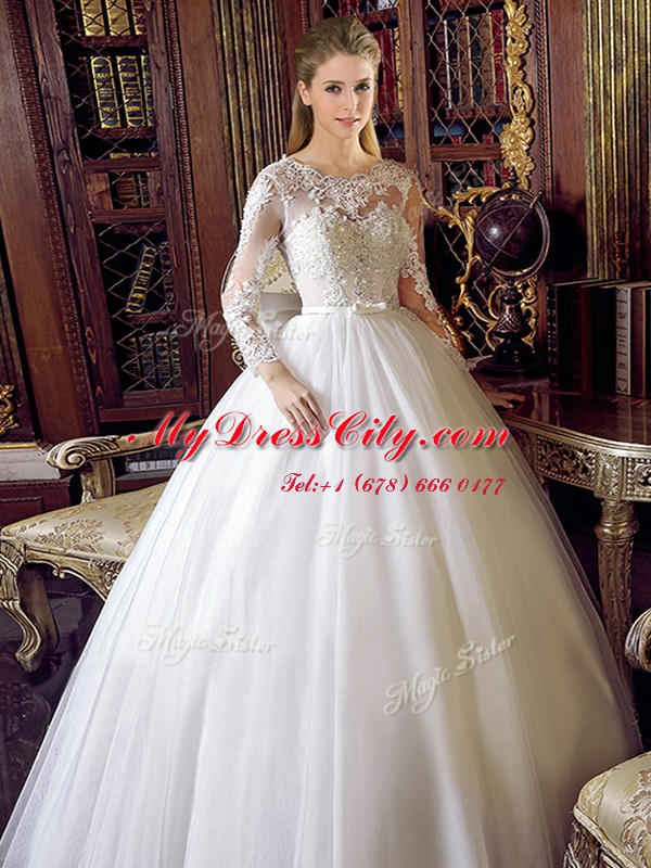 White Ball Gowns Scoop Long Sleeves Tulle Floor Length Lace Up Lace and Bowknot Wedding Gowns