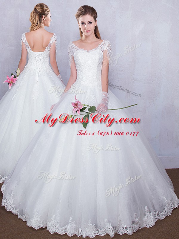 White Lace Up Wedding Dress Lace Short Sleeves Floor Length