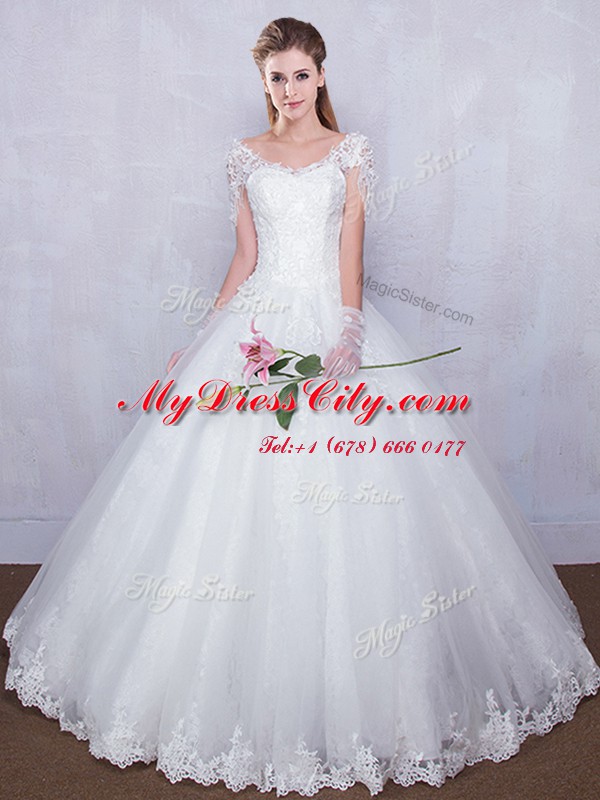 White Lace Up Wedding Dress Lace Short Sleeves Floor Length