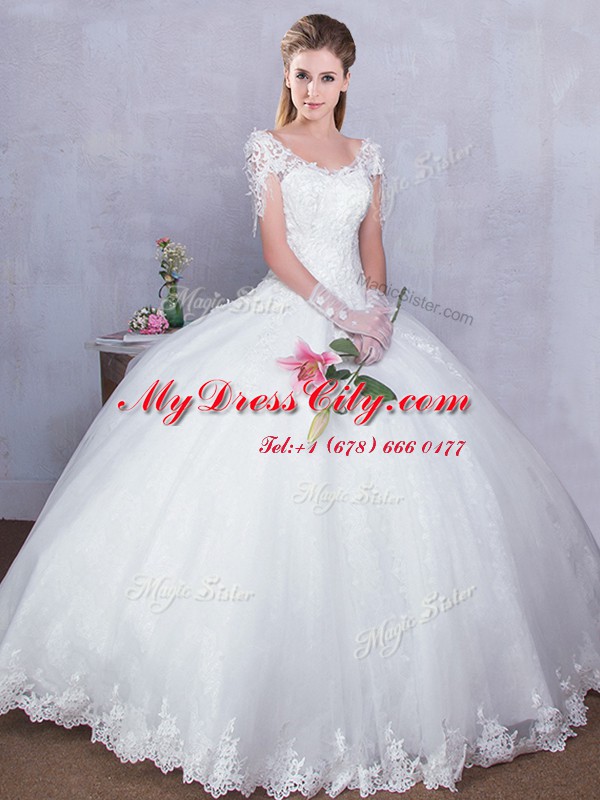 White Lace Up Wedding Dress Lace Short Sleeves Floor Length