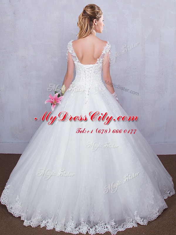 White Lace Up Wedding Dress Lace Short Sleeves Floor Length