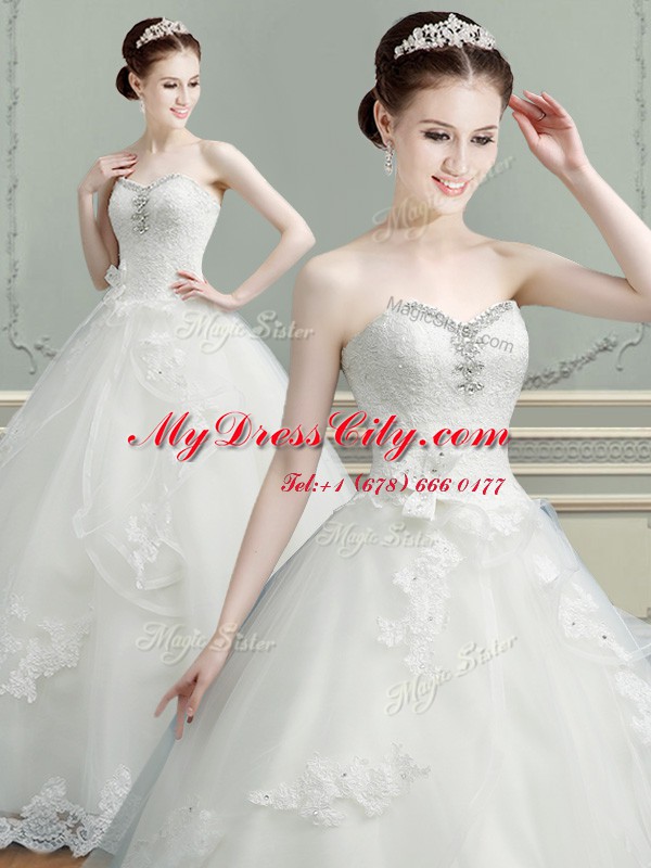 Attractive A-line Bridal Gown White Sweetheart Tulle Sleeveless Floor Length Lace Up