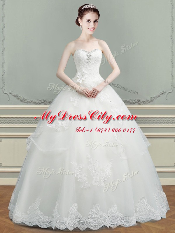 Attractive A-line Bridal Gown White Sweetheart Tulle Sleeveless Floor Length Lace Up