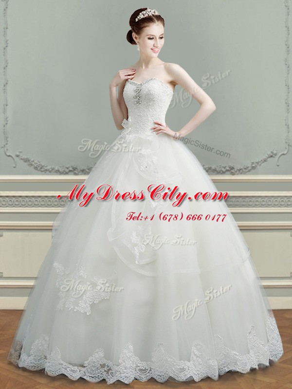 Attractive A-line Bridal Gown White Sweetheart Tulle Sleeveless Floor Length Lace Up