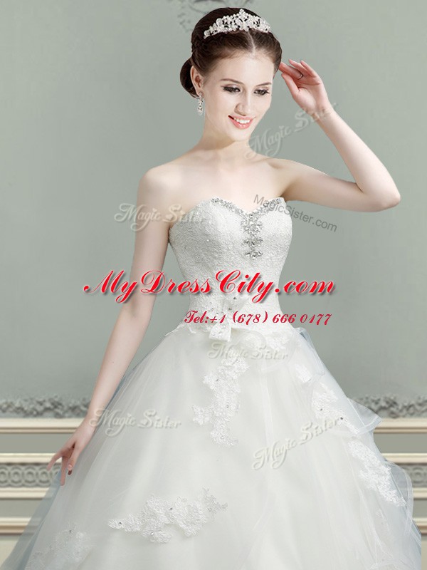 Attractive A-line Bridal Gown White Sweetheart Tulle Sleeveless Floor Length Lace Up