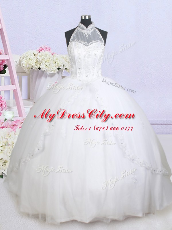 Excellent Halter Top White Sleeveless Brush Train Beading and Appliques With Train Wedding Gowns