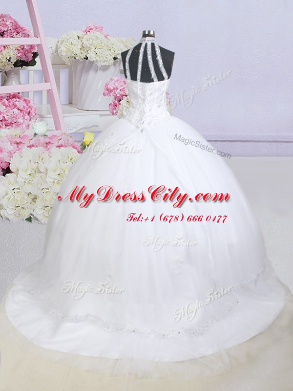 Excellent Halter Top White Sleeveless Brush Train Beading and Appliques With Train Wedding Gowns