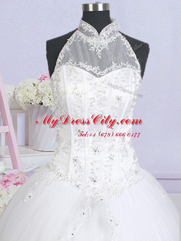 Excellent Halter Top White Sleeveless Brush Train Beading and Appliques With Train Wedding Gowns