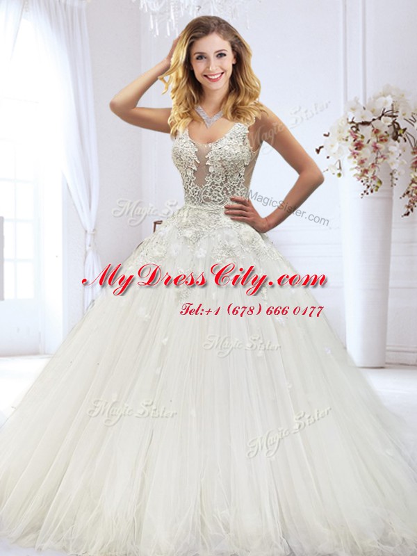 Discount Scoop Floor Length White Wedding Gown Tulle Sleeveless Beading and Lace and Appliques