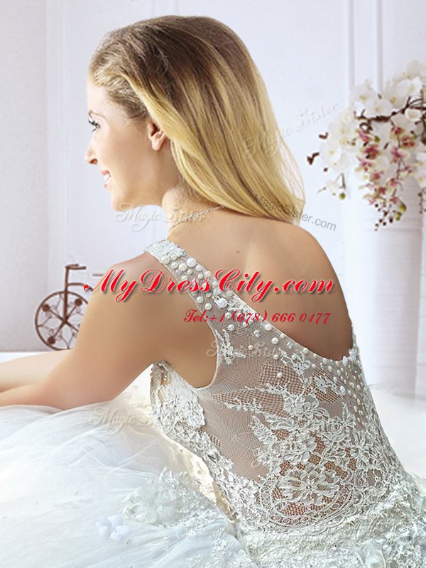 Discount Scoop Floor Length White Wedding Gown Tulle Sleeveless Beading and Lace and Appliques