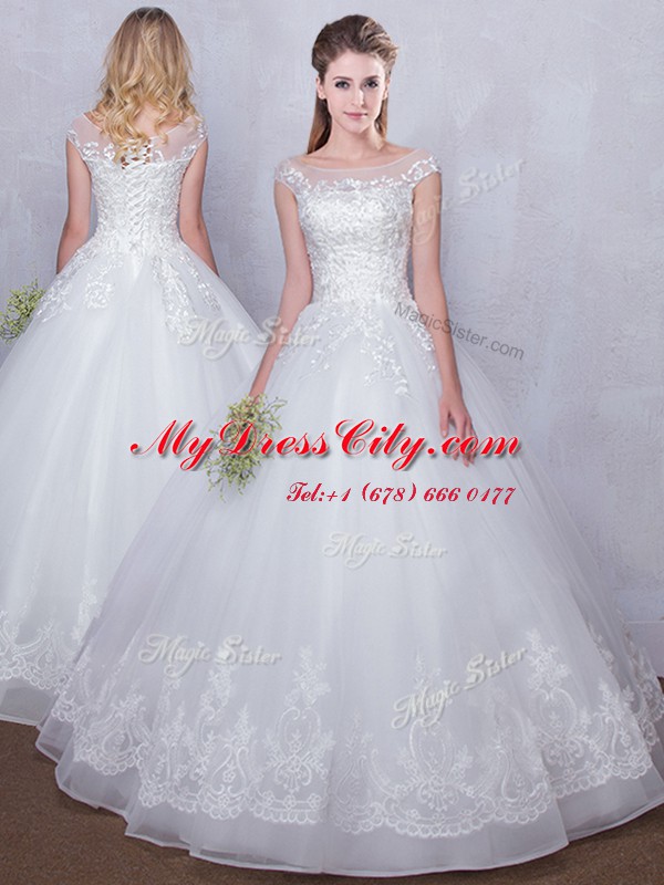 Scoop Lace Wedding Gown White Lace Up Cap Sleeves Floor Length