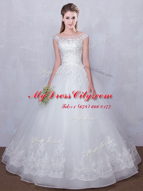 Scoop Lace Wedding Gown White Lace Up Cap Sleeves Floor Length