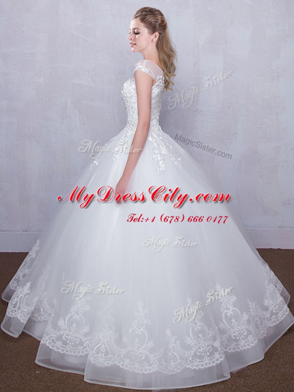 Scoop Lace Wedding Gown White Lace Up Cap Sleeves Floor Length