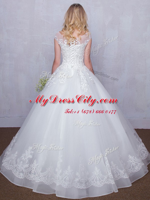 Scoop Lace Wedding Gown White Lace Up Cap Sleeves Floor Length