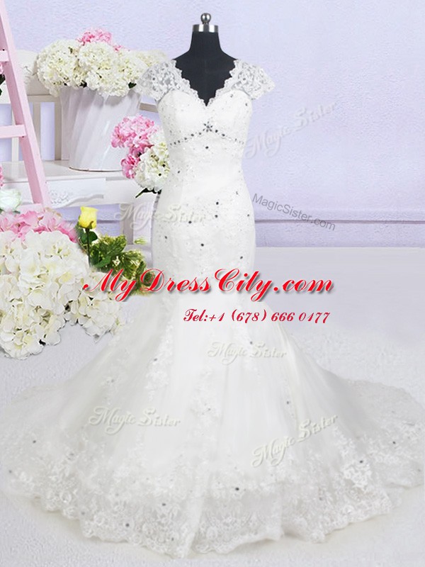 High Quality With Train Mermaid Cap Sleeves White Wedding Dresses Brush Train Lace Up