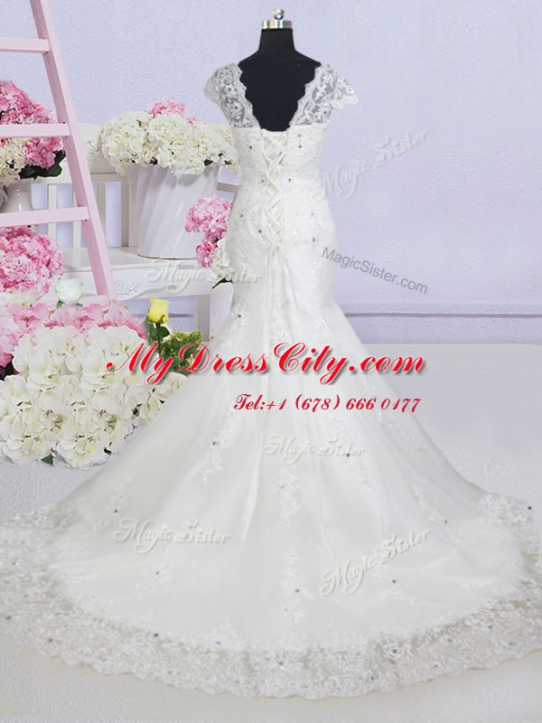 High Quality With Train Mermaid Cap Sleeves White Wedding Dresses Brush Train Lace Up